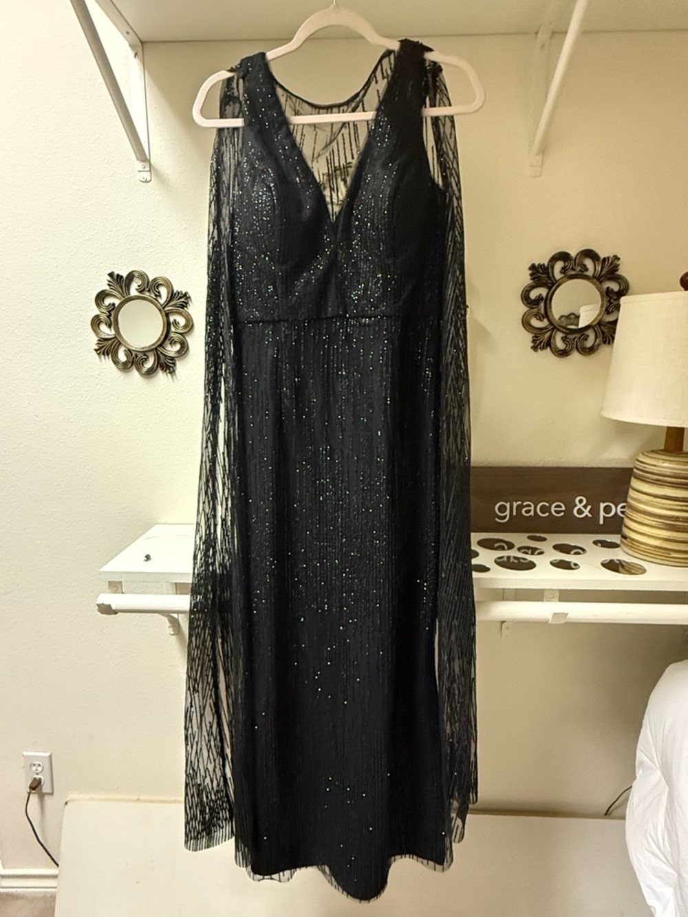 Bariano Black Sequin Cocktail Dress w/ Detachable Sheer Cape Size 10